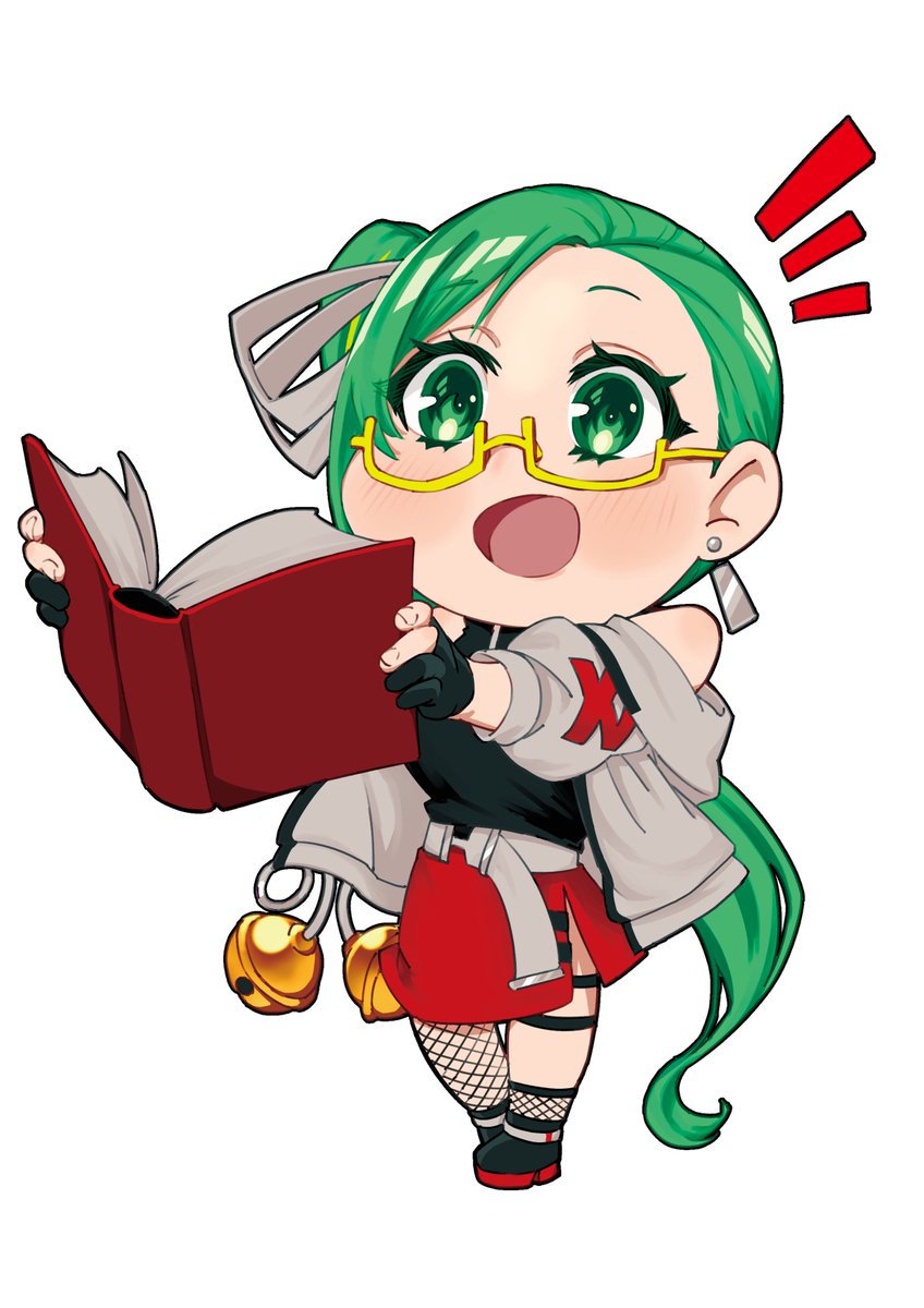 1girl green hair book solo glasses hair behind ear chibi  illustration images