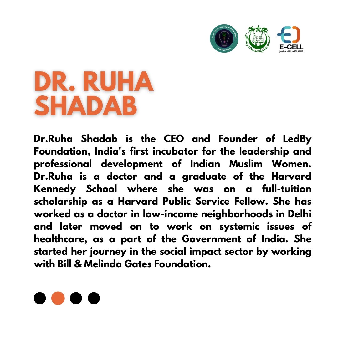 Welcome to our 'Get to know the speakers better' series. Our second speaker is @RuhaShadab , the founder of @LedByFoundation . Swipe to know more about her. @jmiu_official #entrepreneur #founders #startups #Meetup