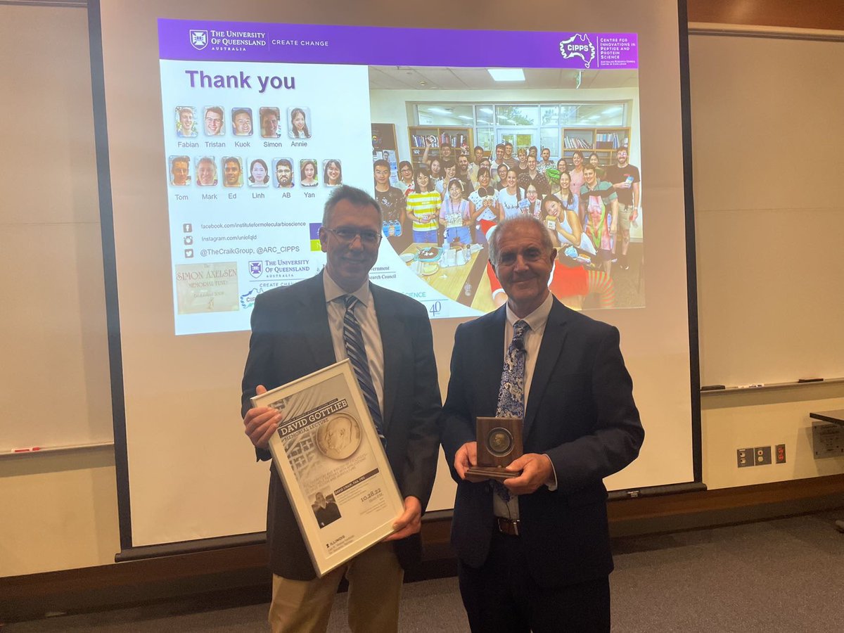 CIPPS (@arc_cipps) on Twitter photo Our Director <a href="/TheCraikGroup/">The Craik Group</a> receiving the David Gottlieb Memorial Lecture Medal at the <a href="/UofIllinois/">University of Illinois</a>
David spoke about his pioneering work on the discovery of cyclotides and how they can be applied in drug design 💊🩺 and agriculture 🌱👩🏽🌾tinyurl.com/bddu92wx
<a href="/IMBatUQ/">Institute for Molecular Bioscience</a> <a href="/UQ_News/">UQ News</a> Our Director <a href="/TheCraikGroup/">The Craik Group</a> receiving the David Gottlieb Memorial Lecture Medal at the <a href="/UofIllinois/">University of Illinois</a>
David spoke about his pioneering work on the discovery of cyclotides and how they can be applied in drug design 💊🩺 and agriculture 🌱👩🏽🌾tinyurl.com/bddu92wx
<a href="/IMBatUQ/">Institute for Molecular Bioscience</a> <a href="/UQ_News/">UQ News</a>