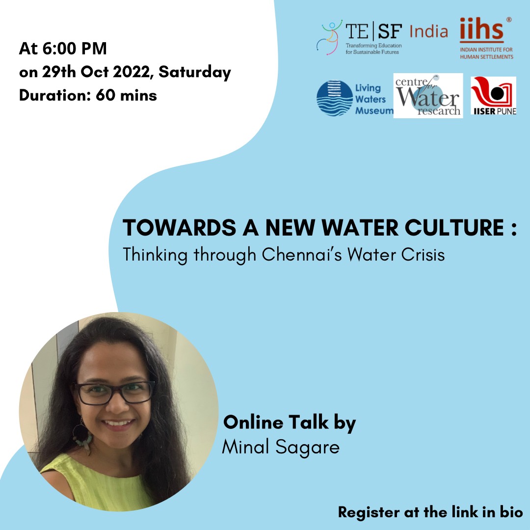 Our partner during #punyachepaani - Minal Sagare - an architect and urban designer - is leading an interactive session -
Towards a New Water Culture - Thinking through Chennai's Water Crisis

29 Oct, 6:00 pm, Saturday
Register - us02web.zoom.us/meeting/regist…
#centreforwaterresearch