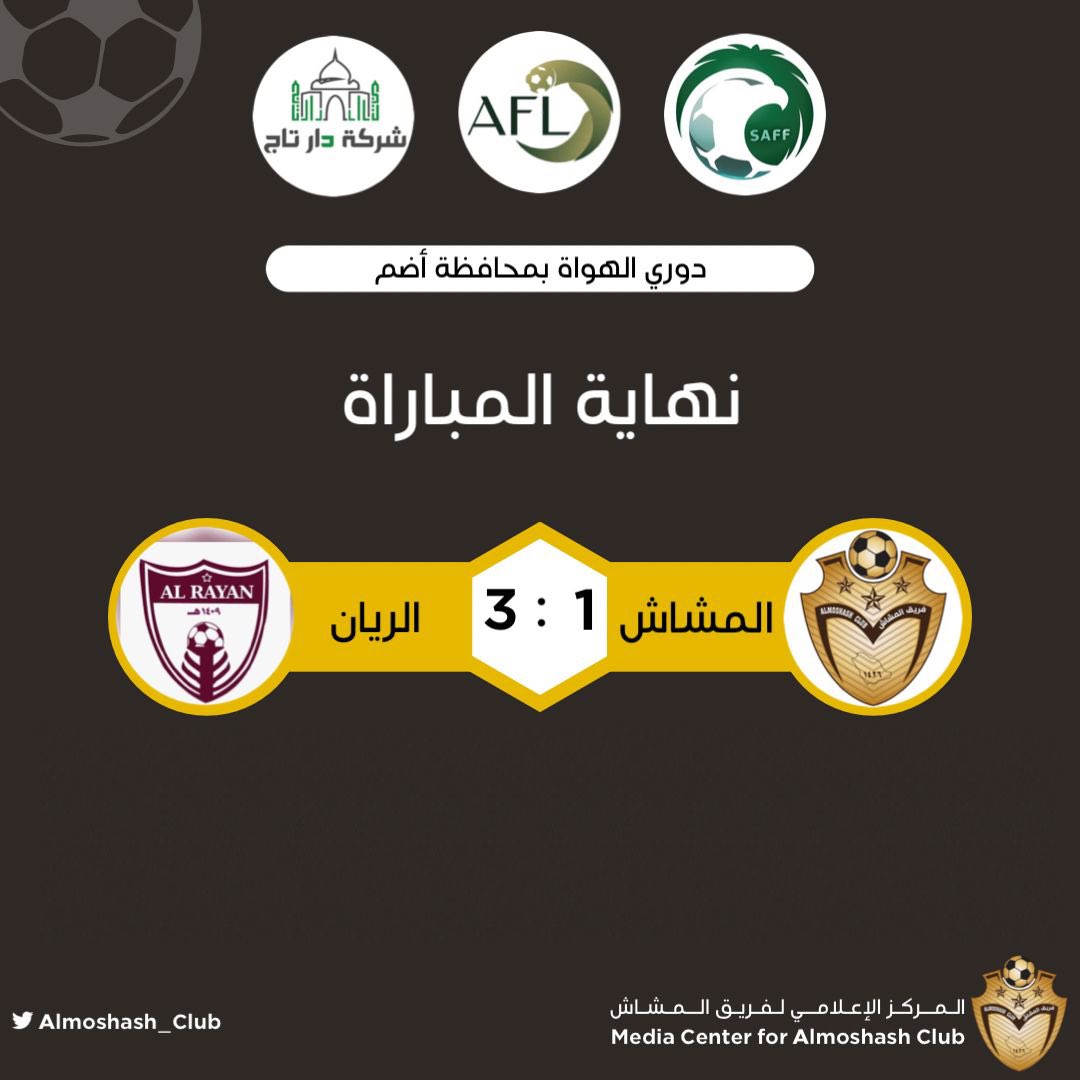 Almoshash_Club's tweet photo. انتهت مباراة فريقي المشاش والريان بفوز الريان بنتيجة 3 - 1 https://t.co/KQw6C4gkIs