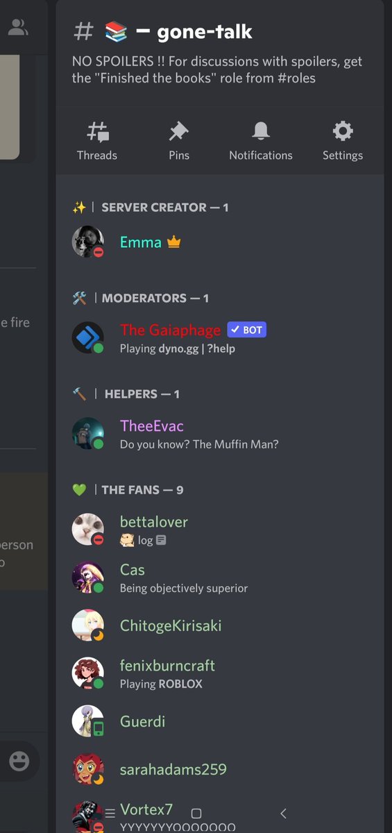 strangward_emma's tweet photo. @MichaelGrantBks Here's a few snippets of the GONE discord server. You can also help moderate it, but it's not required as there is a lot of moderation already in place to ensure safety and security. I may be biased as I use Discord a lot, but I think Discord is go-to for such fandoms/communities https://t.co/YK75EQgaJn
