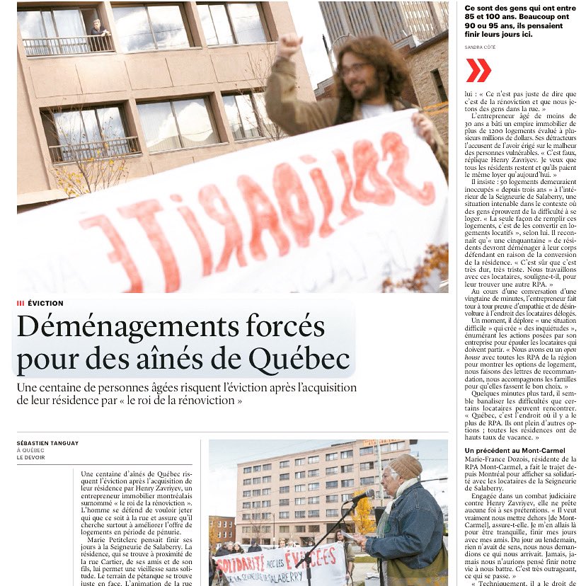 VeroLaflamme's tweet photo. Une centaine d'aîné•es forcés de déménager après l’acquisition de leur résidence par «le roi de la rénoviction».
À lire dans @LeDevoir
Il n’est pas trop tard pour agir, mais ça aurait pu être fait lors de l’adoption du #PL37…
https://t.co/kI0FGiwEC1 https://t.co/PxkictoRAU