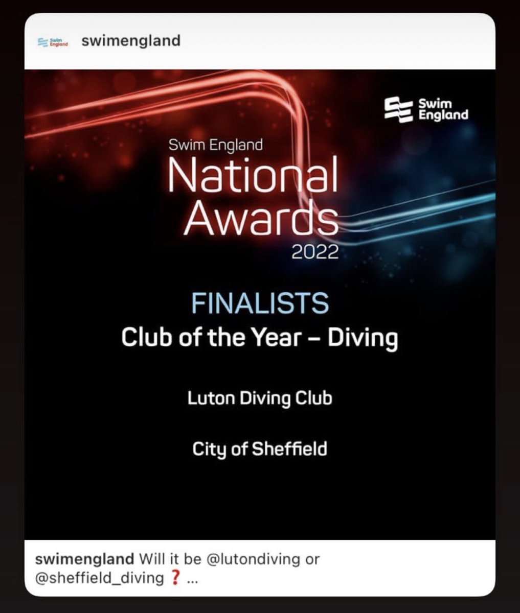 ✨Sheffield Diving are very proud to be a finalist in the <a href="/Swim_England/">Swim England</a> ‘Club of the Year Award’ ✨

The National Swim England Awards take place on Saturday 26th November at the University of Birmingham 🏆

<a href="/asanortheast/">Swim England North East</a> <a href="/SheffCityTrust/">Sheffield City Trust</a> 

#nationalawards #swimengland #finalist