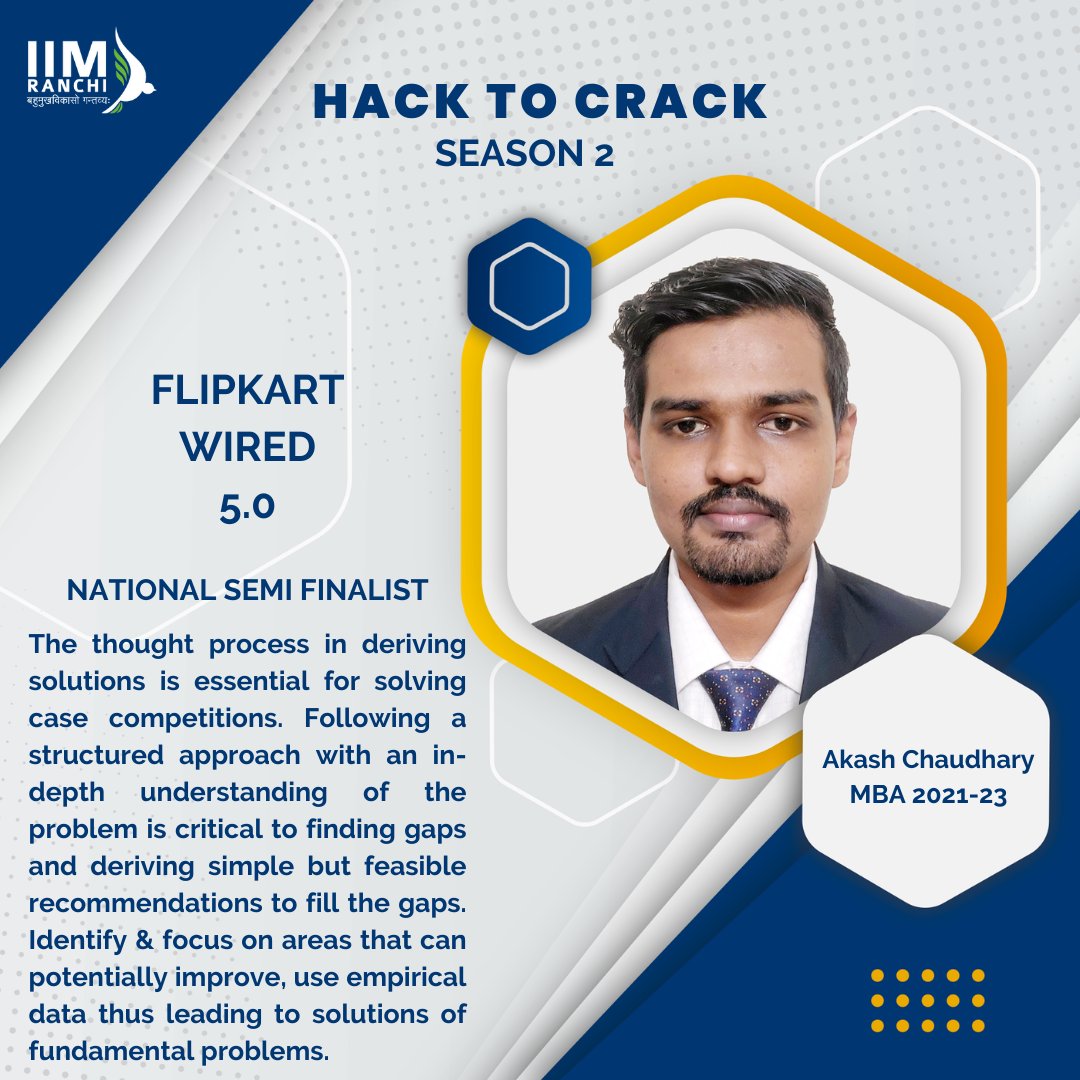 IIMRanchi_Off's tweet photo. Case competitions allows to apply strategic and critical thinking abilities in real business situations. In the latest chapter of #HacktoCrack, Akash Chaudhary,  recounts his takeaways from the Flipkart Wired 5.0.

#IIMRanchi #12YearsOfExcellence #HackToCrack #CaseCompetition https://t.co/hEBpWxe5Zc
