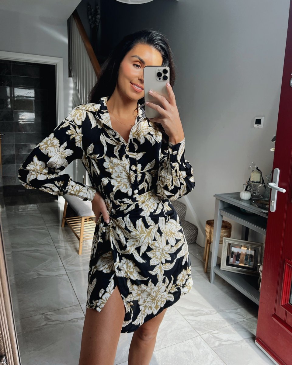 Terrie is bringing us all the party outfit inspo we need this season🖤 How gorgeous is 'Black & Gold Floral Print Wrap Skirt Shirt Dress'?!😍 Shop the dress and the rest of the collection now on site or app📲