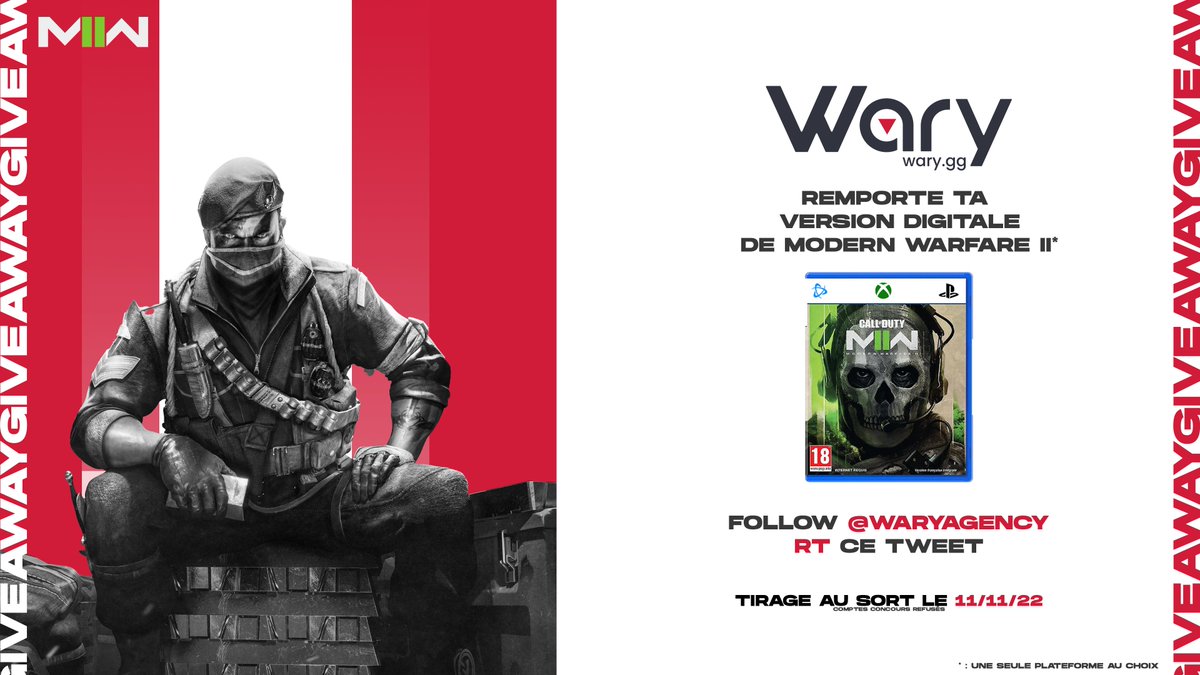 WaryAgency's tweet photo. 🎁 #Giveaway
A l'occasion de la sortie du nouveau #CallofDuty, tente de remporter ton édition digitale de #MWII sur la plateforme de ton choix ! 

💟 Follow @WaryAgency 
🔁 RT ce Tweet

Bonne chance ! 🍀 https://t.co/MBAiclOq3E