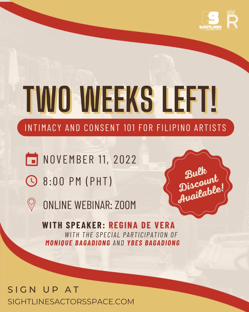 sightlinesactor's tweet photo. TWO WEEKS LEFT UNTIL OUR INTIMACY AND CONSENT 101 FOR FILIPINO ARTISTS WEBINAR! 🤯

See what previous students have to say about the talk!

INTIMACY AND CONSENT 101 FOR FILIPINO ARTISTS: A PRACTICAL GUIDE with @ReginaDeVera
✍🏽 To register, visit https://t.co/OJruOWJ9H9 https://t.co/jAdKsbOdqt