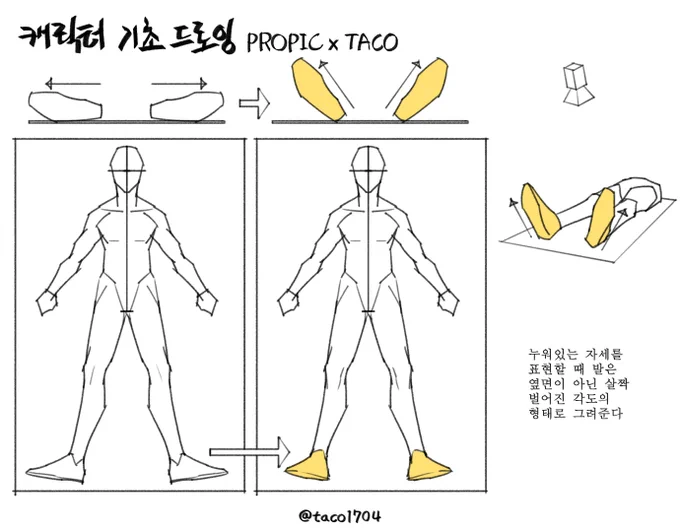 정면에서 누워있는 자세를 표현할 때 발은 옆면이 아닌 반 측면 각도의 형태로 그려야 한다 