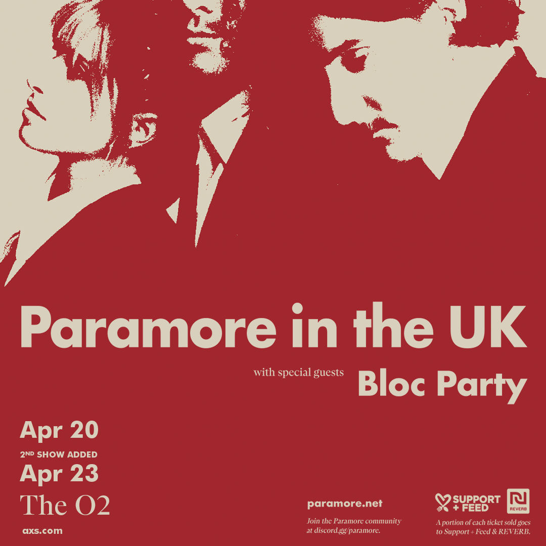 #AXSONSALE Huge News! @paramore have added an EXTRA DATE at @TheO2 for April 2023. They'll be joined by special guests @BlocParty 🔥 ⏰ Tickets are on sale now 🎫 w.axs.com/AZt150LhFBB