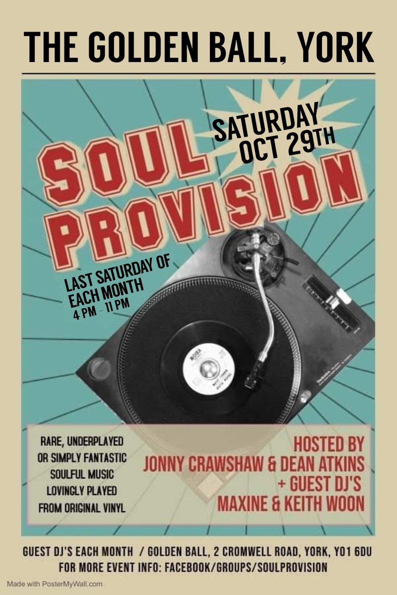 SoulProvision's tweet image. Abit wet &amp;amp; Autumnal here in York but that just makes The @GoldenBallYork all the cosier for HalloWoon Soul Provision!

DJ Dean Atkins can’t be with us as planned but Blake Helliwell has stepped up at the last minute to join Keith, Maxine &amp;amp; I.

See you there from 4pm onwards! 🎃