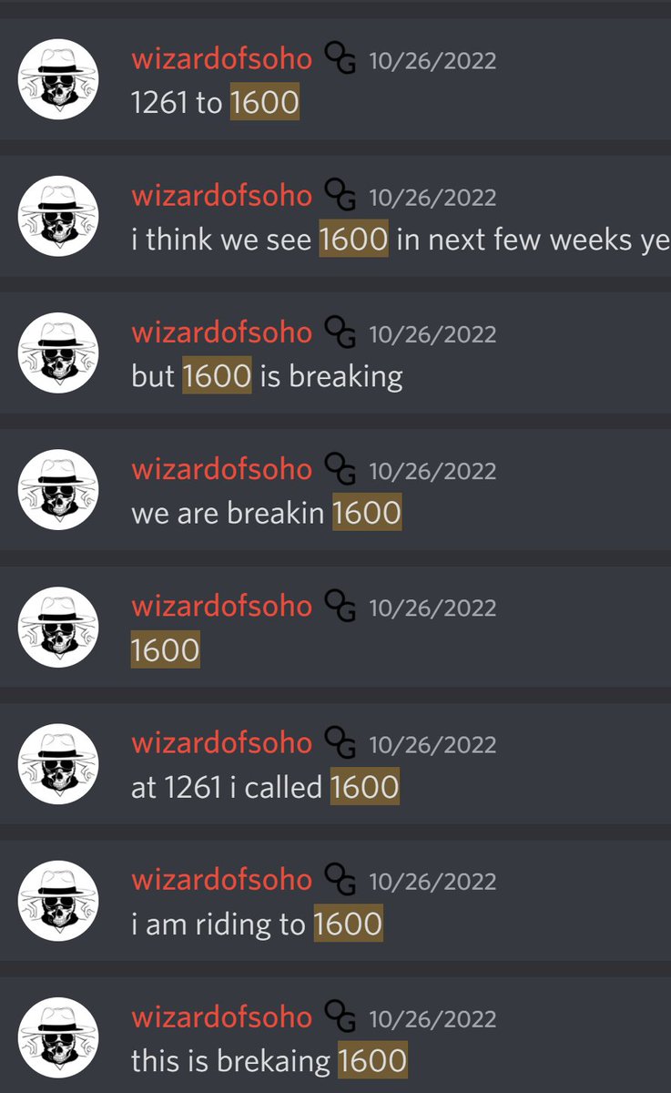 wizardofsoho's tweet photo. A week ago I put a giga long at 1261.. I called it in my discord.. and on my twitter (was free alpha for all). One of my top 5 highest conviction plays of the year.. Taken ALL profits now. No levered long positions left (spot only) from this trade. Cheers. On to the next trade :) https://t.co/Qwd5jyqaXv