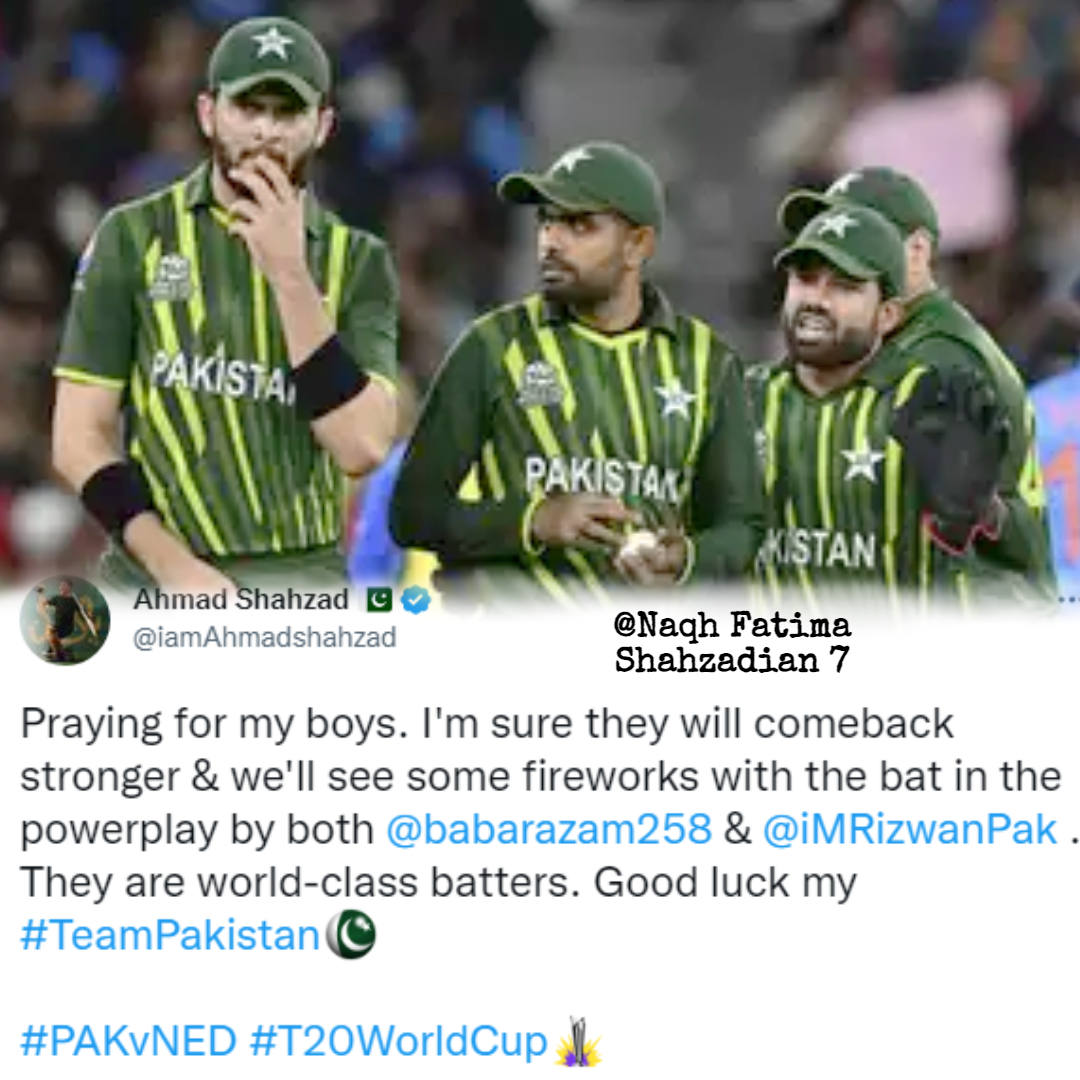 iamNaqshFatima's tweet image. Good luck team and skipper @babarazam258 🙌
@iamAhmadshahzad 
@iMRizwanPak 
#PAKvsNET #T20WorldCup