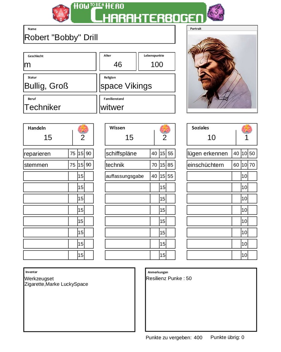 Wir stellen vor <a href="/CreeksCorner/">Creek</a> als Bobby Drill:

Alt, verbittert und verschmiert mit Öl reist er mit seiner Crew durch die Ferne. 
Seid mit dabei, wenn er den Weltraum unsicher macht

Am 31.10. um 20 Uhr auf
twitch.tv/howtobeahero