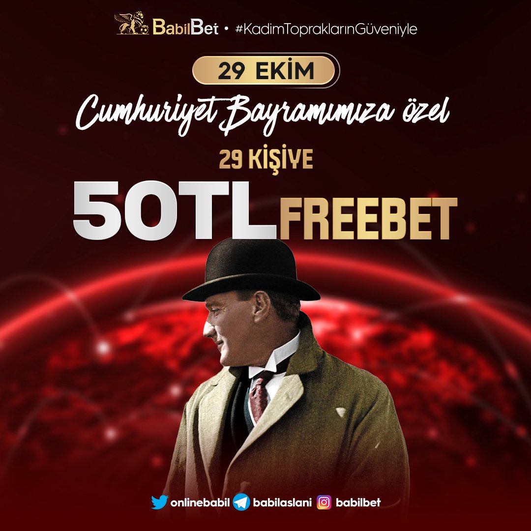 Değerli üyelerimiz 29 Ekim Cumhuriyet Bayramına özel 29 Kişiye 50 TL Freebet veriyoruz.

Yapmanız gerekenler gönderiyi rt edip, yorumlara bir arkadaşınızı etiketlemek.

CUMHURİYET BAYRAMIMIZ KUTLU OLSUN.

Bol kazançlar Babilbet ailesi..