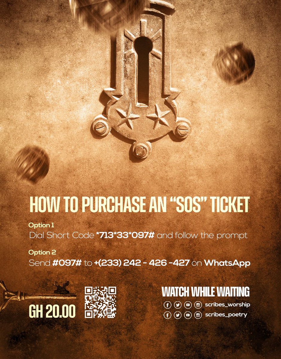 scribes_global's tweet photo. Hello family, you can now purchase #SOS22 tickets using any of the following:

1. Visit event link
 https://t.co/y0d0fNAt3P

2. Dial short code
*713*33*097#

3. Send *#097#* to +(233)242-426-427 on Whatsapp

Thank you and see you there ❤️

#ScriptsOnScrolls22
#WatchWhileWaiting https://t.co/Y9lZdCr7uy