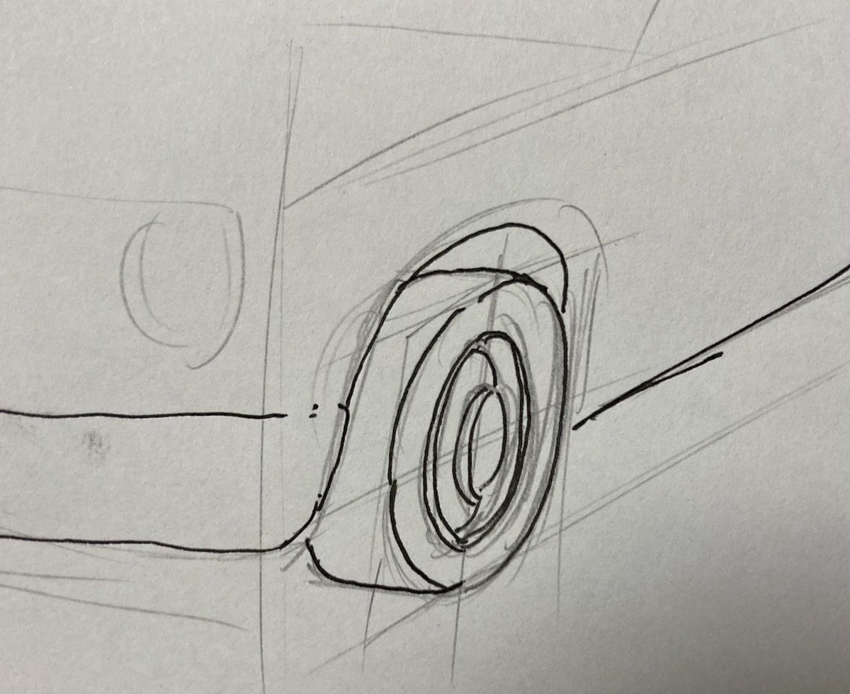 @8675699f43ae47f こんな感じでアタリを描いて、あとはタイヤの厚みとそれっぽく描いていく感じですかね 
