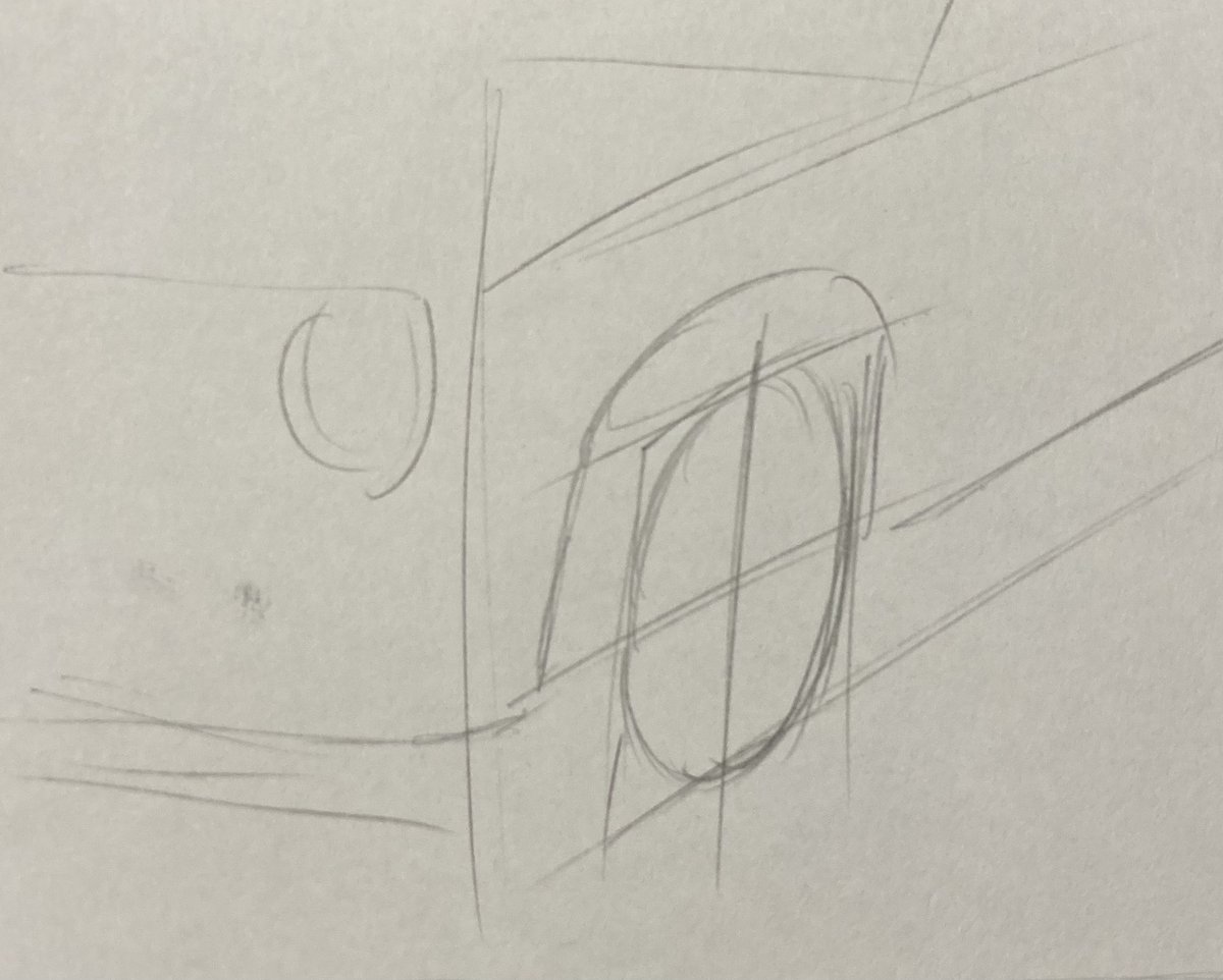 @8675699f43ae47f こんな感じでアタリを描いて、あとはタイヤの厚みとそれっぽく描いていく感じですかね 