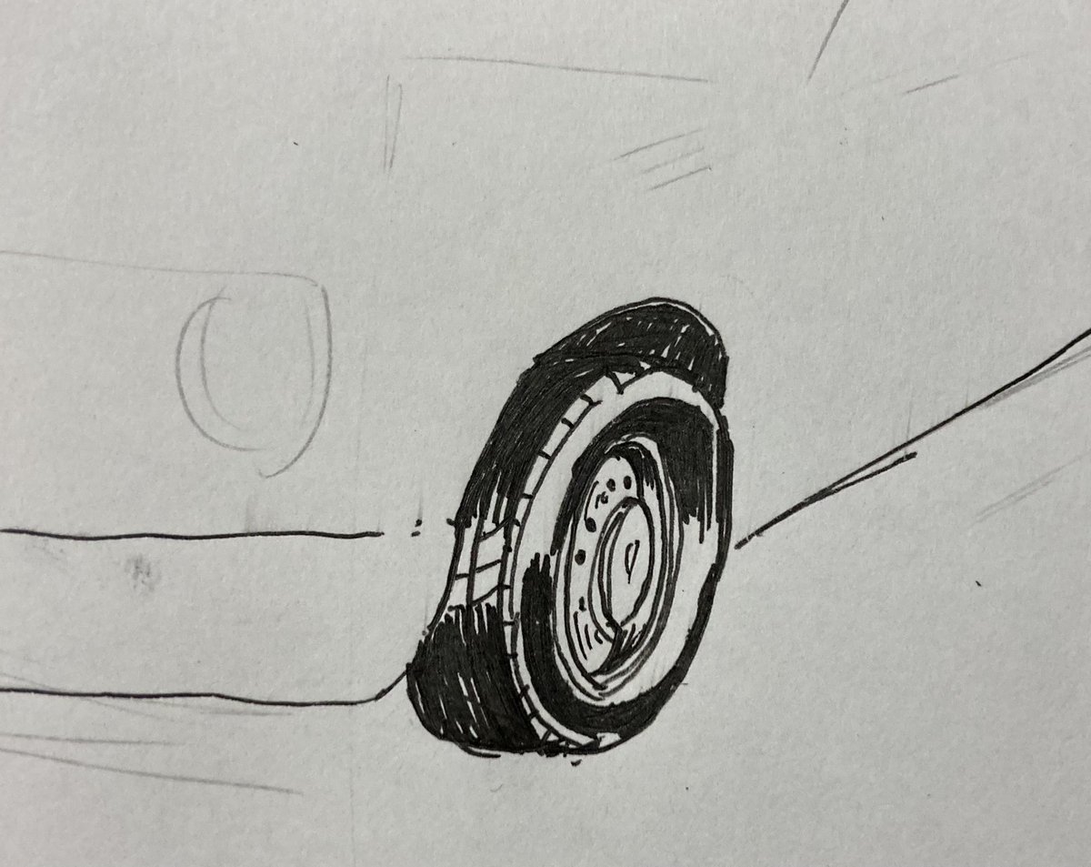 @8675699f43ae47f こんな感じでアタリを描いて、あとはタイヤの厚みとそれっぽく描いていく感じですかね 