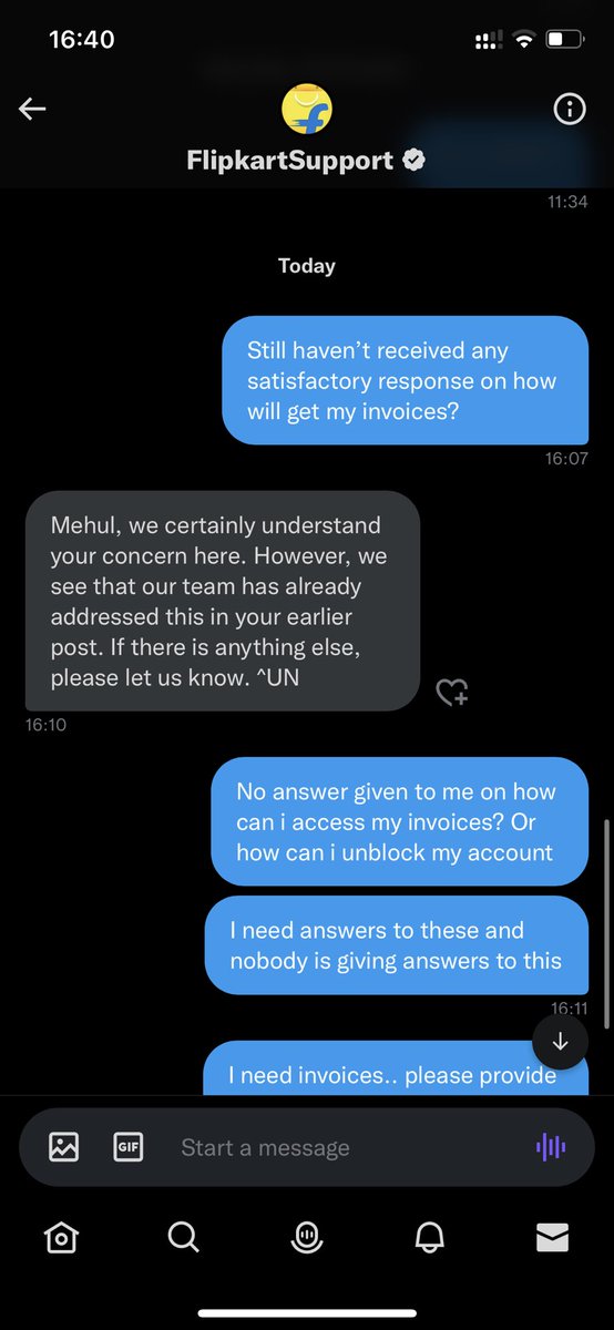 mehulvarsh's tweet photo. @_Kalyan_K @flipkartsupport nobody is providing answers on how can i get my account unblocked or get my invoices of past orders so that i can claim warranty of products purchased frm @Flipkart . And No, no concerns were addressed as mentioned in every reply of urs. (1/n) https://t.co/QVMA10Dmo8
