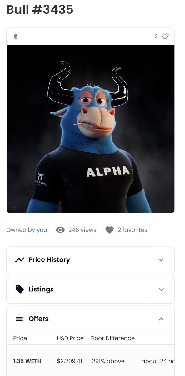 AusSniperNFT's tweet image. 1.35 WETH offers on all Alpha Bulls 💎
Thanks but no thanks ✊🏽

@BullsApesProj 

@anthonymongiel3 @NeoApeOfficial @GuillermoPuyol @TankMan33169 @cryptosheep_eth 

#BAP #nft #crypto #eth #weth