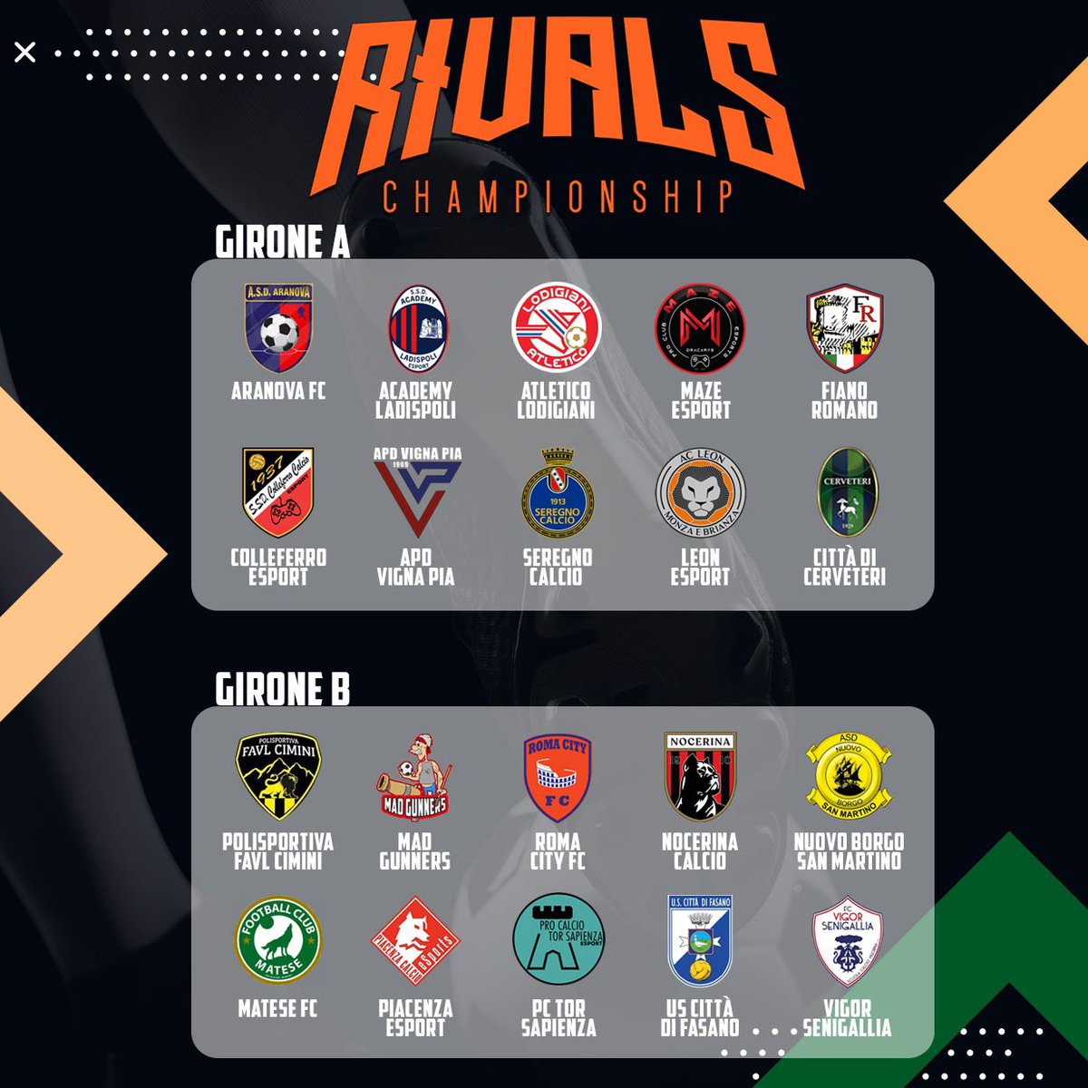 us_acli's tweet photo. Ecco i due gironi sorteggiati nella live di ieri sera 

Si inizia il 2 novembre e si finisce il 21 dicembre 

Noi siamo pronti e voi? 🔥🔥🔥🔥

#RivalsChampionshipUsAcli 

@ZoOmProClub1 @MyProCard @proclubtv @RetweetProclub @Tutto_ProClub @NewsProclub https://t.co/Z8QQxmX5SA