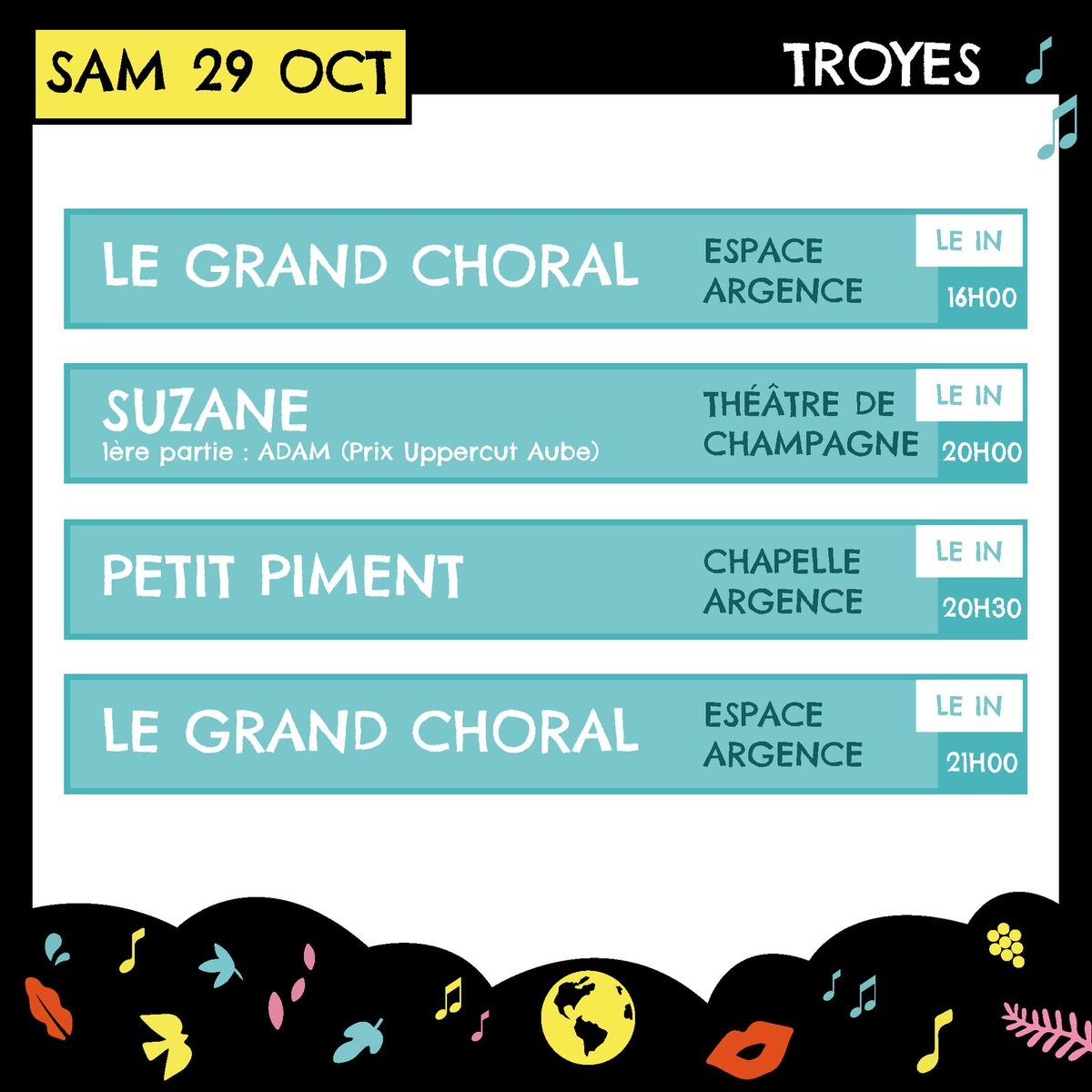 Le programme du jour ✨

Pour ce dernier jour de l'édition 2022, le Grand Choral donnera deux concerts à 16H et 21H à l'Espace Argence 🎶
Suzane sera au Théâtre de Champagne, avec ADAM en première partie. Rendez-vous à 20H 💥
Et Petit Piment seront à La Chapelle Argence à 20H30 !