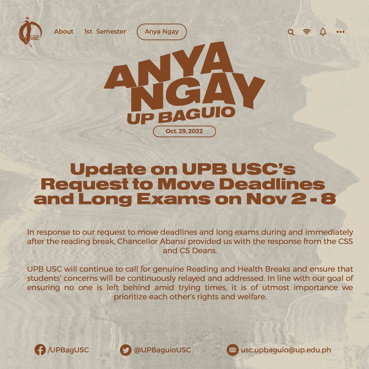 [ANYA NGAY UP BAGUIO]

In response to our request to move deadlines and long exams during and immediately after the reading break, Chancellor Abansi provided us with the response from the CSS and CS Deans. 

#WalangIwananUPB
#PaengPH