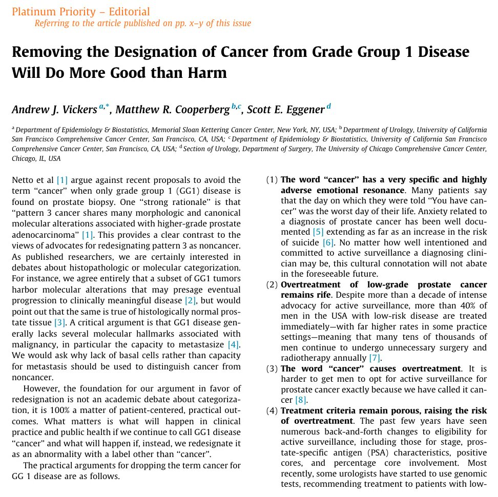 EUplatinum's tweet photo. New Platinum Priority Editorial from @VickersBiostats @dr_coops @uroegg 

Removing the Designation of Cancer from Grade Group 1 Disease Will Do More Good than Harm 

https://t.co/8I3lffejbk https://t.co/3cYCaA99em