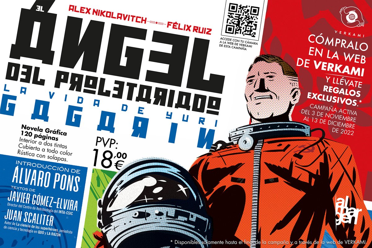 Ya tienes en vkm.is/yurigagarin los detalles de la campaña que arranca el jueves para hacer realidad esta aventura editorial: #ElÁngelDelProletariado, la vida de #YuriGagarin, el primer ser humano que se asomó al espacio exterior, y la #CarreraEspacial contados en viñetas.