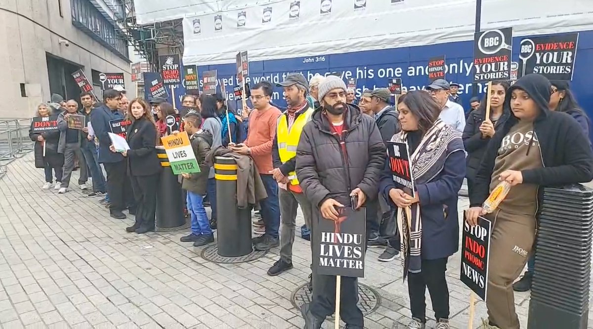 PoonamJoshi_'s tweet image. "BBC is spreading wrong news about Hindus, about our culture" " Why BBC hates Hindus, why BBC publishes hate news about Hindus" some of the comments made by protesters outside the BBC. #BBCProtest #BBC #HindusProtest