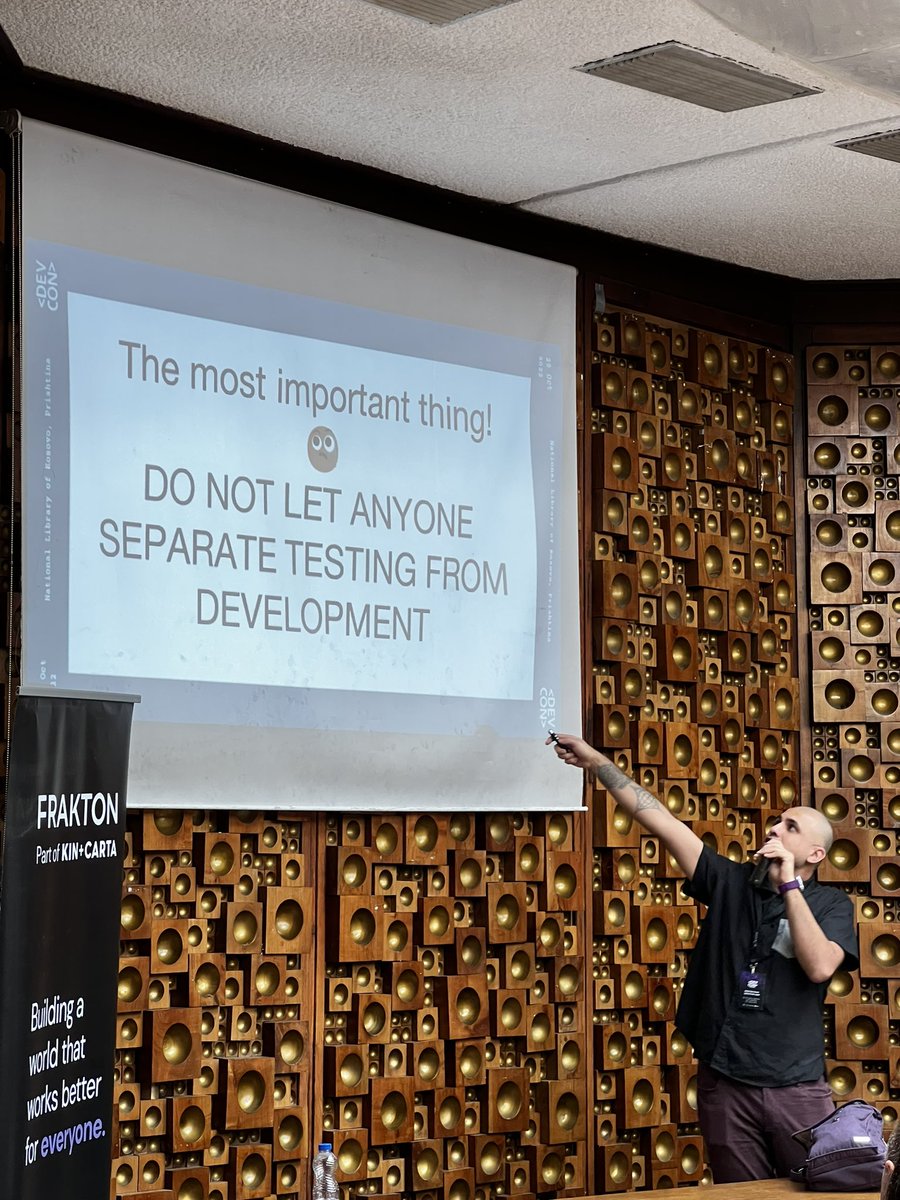 “Do not let anyone separate testing from development” - Syed Ali, <a href="/kinandcarta/">Kin + Carta</a> @DevConPrishtina