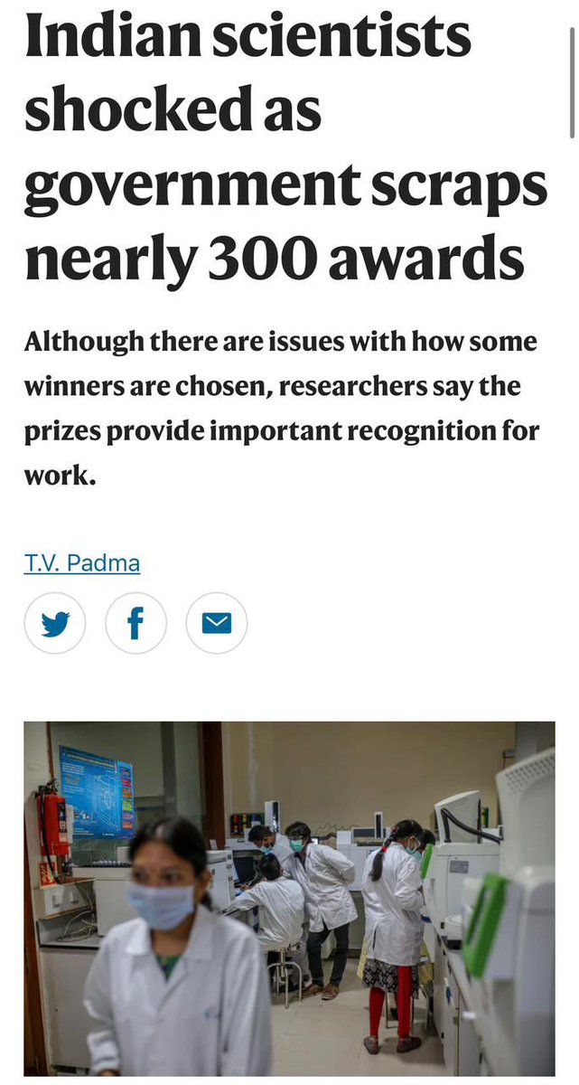 kharge's tweet photo. Modi Govt has the lowest spending on R&amp;D in the world and now they plan to scrap nearly 300 science awards. 

These awards are not only for recognition, but also helps funding the scientific community.

Why is the BJP Govt so averse to groom scientific temperament? https://t.co/O16fD85h1F