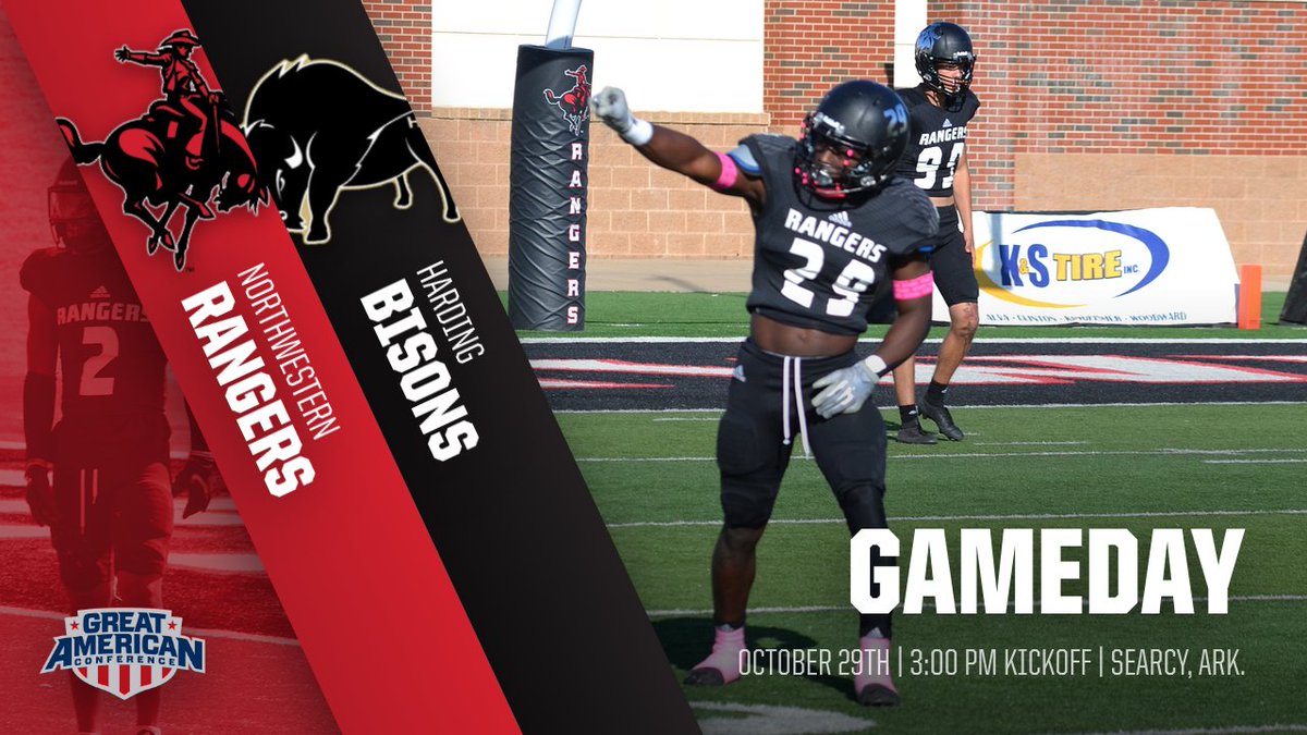 NWOSUAthletics's tweet photo. GAMEDAY!!! Ranger Football hits the road this week for Searcy, Arkansas for a Great American Conference matchup against Harding University! 
#RRR @nwosufootball 
stream:https://t.co/JiwFBqMyfd
stats:https://t.co/aUyScz421N 
radio:https://t.co/twcEuaBY6N https://t.co/kEhGkiLiUo