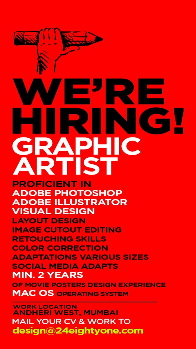 We Are Hiring ! Mail your cv and work Email id : design@24eightyone.com #WeAreHiring #GraphicArtist #24eightyone