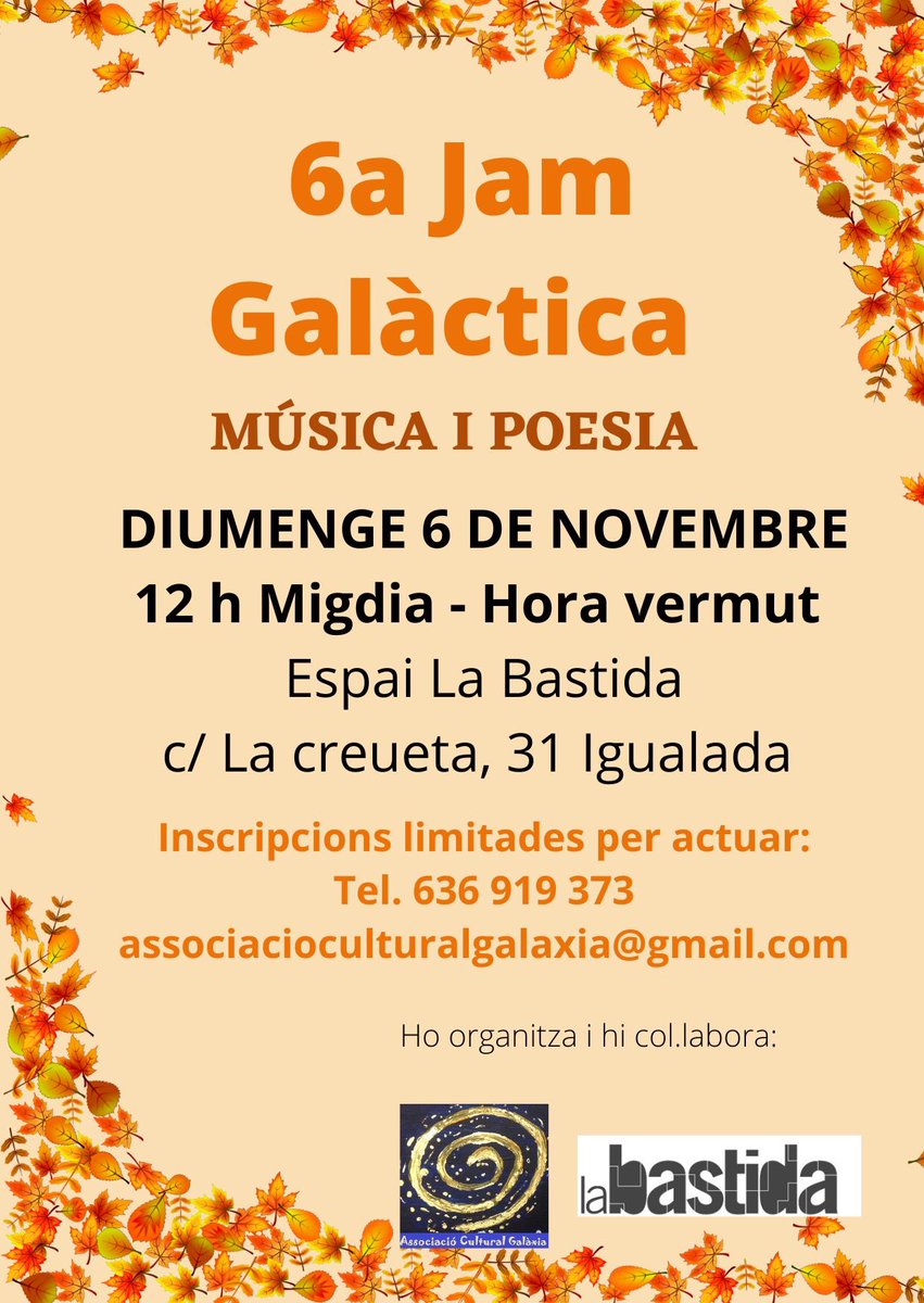 Diumenge 6 de novembre!! La última Jam Galàctica a La Bastida, vindràs?
Entrada lliure!! Per actuar inscripcions limitades!! 

12 h migdia 
<a href="/labastidadelrec/">laBastida</a> 

#musica #poesia #jamgalactica