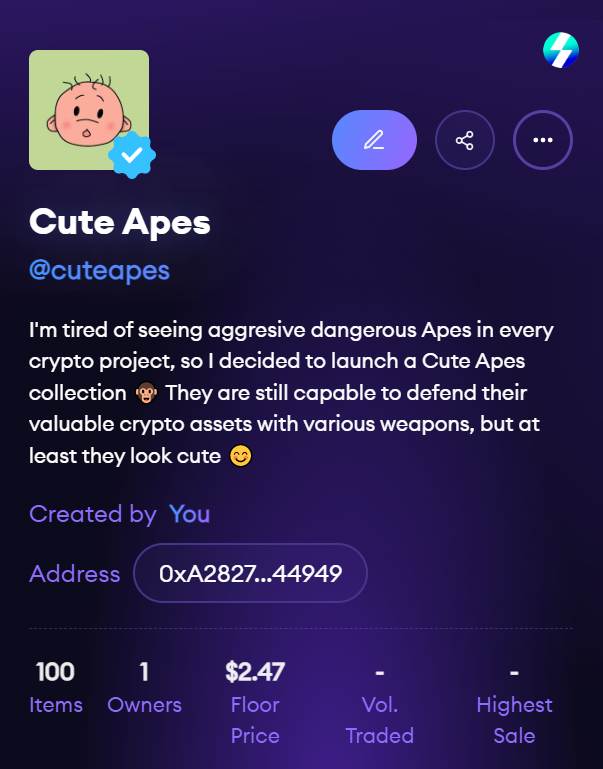 Our #CuteApes #NFT collection is now verified on <a href="/NFTmall/">NFTmall Official CTO</a>! 

100 unique #NFTs with 40+ unique attributes! 500 #TT price for everyone, 250 TT for #DragonCat owners!

Buy now: nftmall.io/@DragonCats#on…