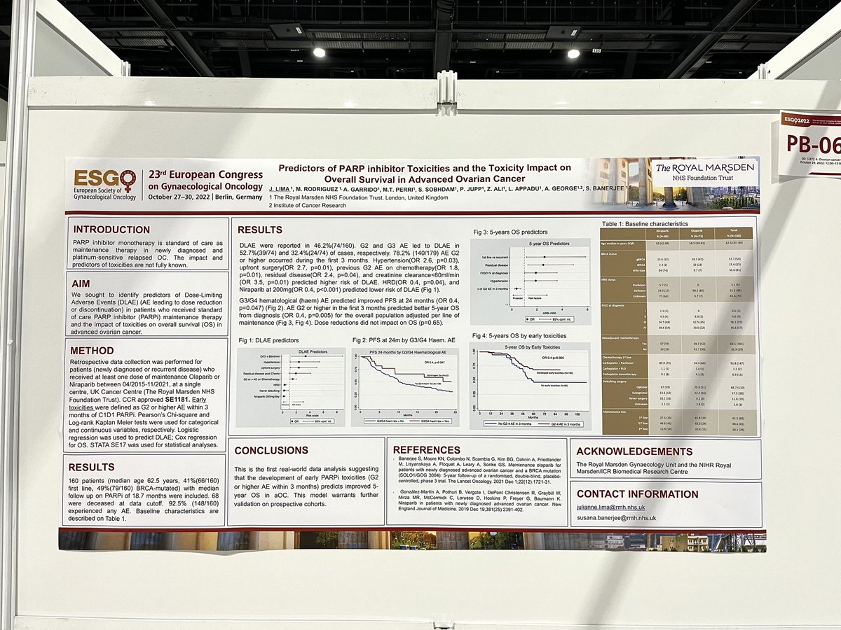juliannelima_md's tweet photo. Can a pattern of toxicity to PARPi maintenance predict survival in advanced ovarian cancer? #ESGO2022 #ovariancancer #posterdiscussion #GynaeOncology https://t.co/3rZPdml2Gz