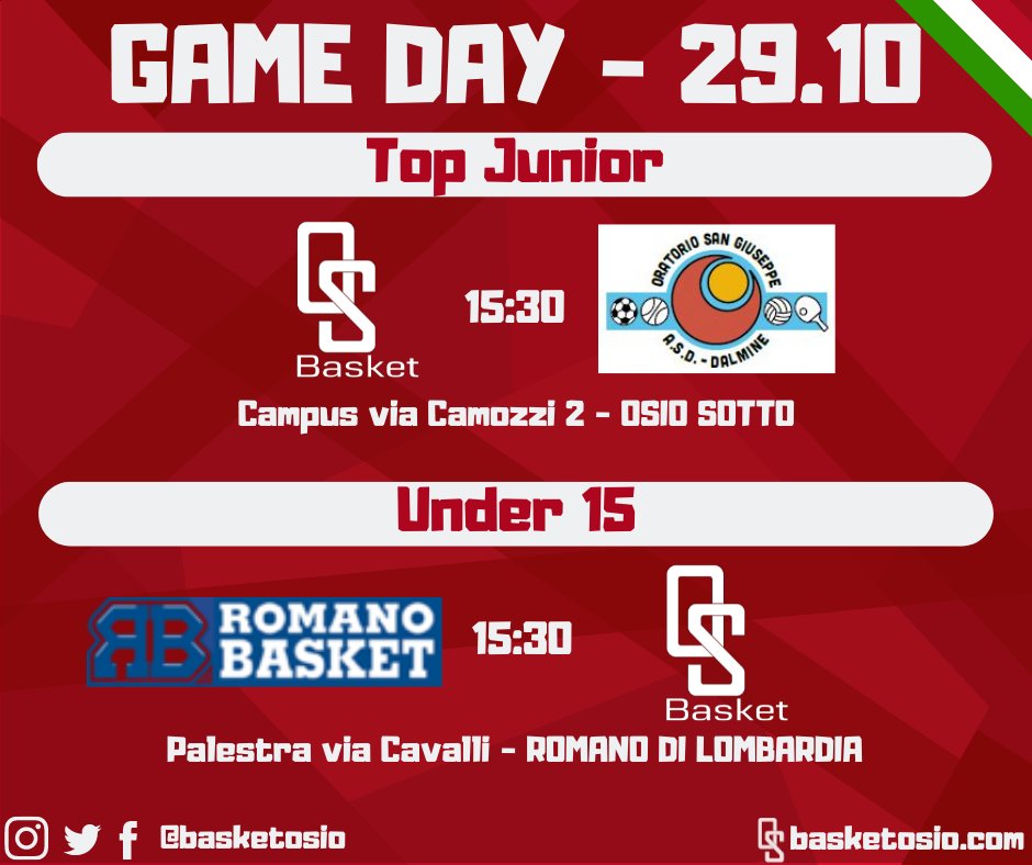 basketosio's tweet photo. GAMEDAY!
Sabato 29/10
Top Junior CSI vs Oratorio S.Giuseppe Dalmine
15:30 - Campus via Camozzi 2 - Osio Sotto
Under 15 @ Romano di Lobardia
15:30 - Palestra via Cavalli - Romano di Lombardia
#basketosio #forzaosio #topjunior #csi #basket #pallacanestro https://t.co/i8qh1zUSHO