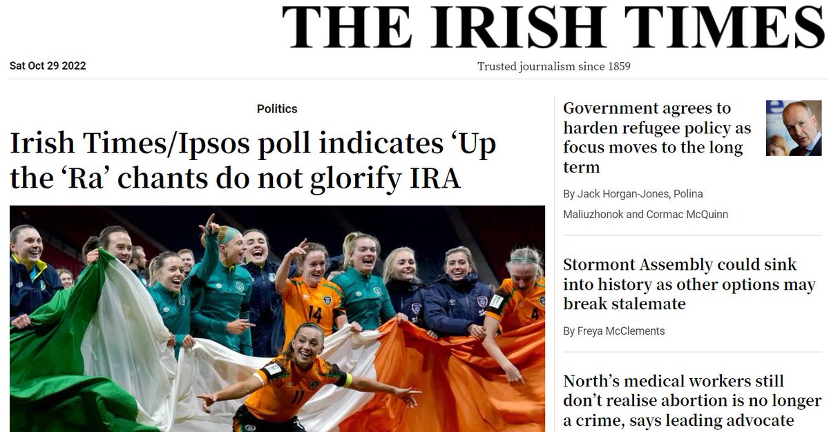 michaelpierse's tweet photo. A day after actual threats of "dire consequences" from loyalists who recently carried out a military operation against an Irish government minister, the IT chooses to lead with another "Up the Ra" story on these (fantastic) young women? Read the room. https://t.co/7fSumeriOy