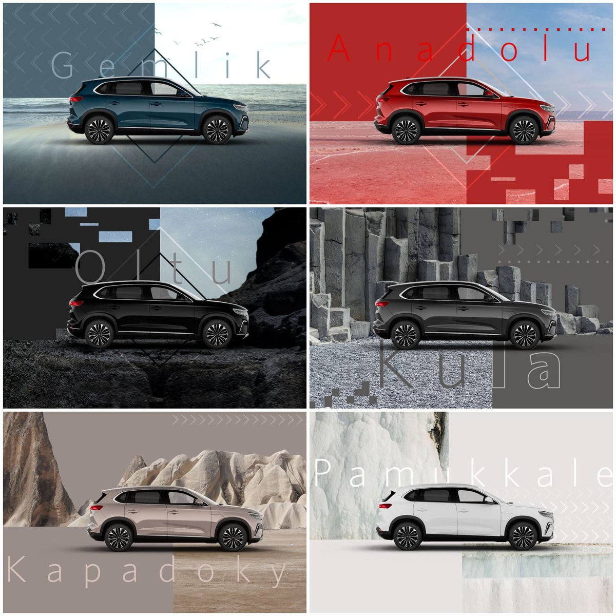 ozocaksigorta's tweet photo. Tebrikler Hayırlı Olsun Togg'un renkleri belli oldu. Yerli otomobil Türkiye'nin güzelliklerinden ilham aldı. 🇹🇷

▪️Anadolu ▪️Gemlik ▪️Oltu 
▪️Kula  ▪️Kapadokya ▪️Pamukkale https://t.co/Fc4LwIhXVi