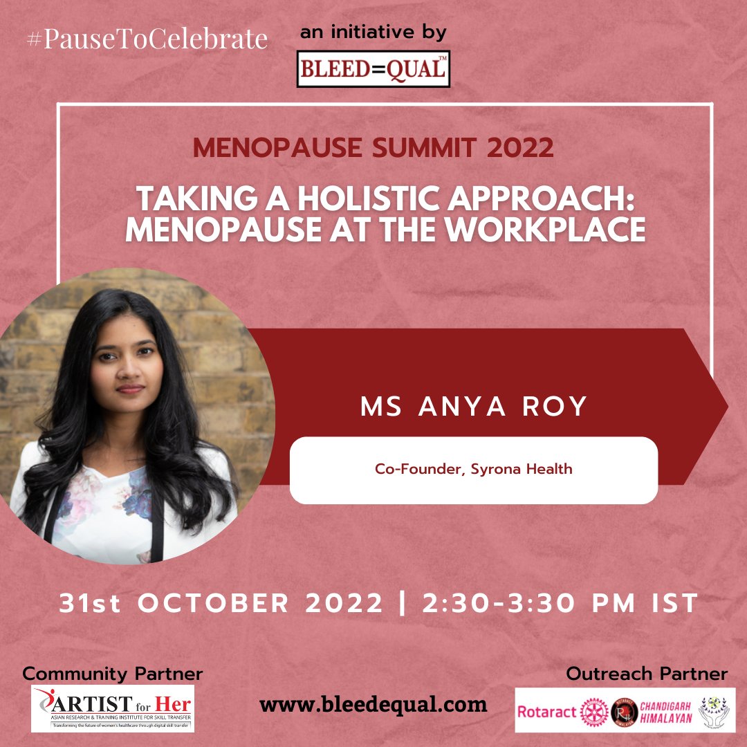 BleedEqual (@bleedequal) on Twitter photo đź””Join us for the discussion on "Taking a Holistic Approach: Menopause at the Workplace" with our esteemed speaker, Ms Anya Roy on 31st October 2022, from 2:30-3:30 PMS IST!
@anya_roy1 <a href="/SyronaHealth/">Syrona Health (YC W22)</a> <a href="/ARTISTforHer/">ARTIST for Her</a>
#menopause #workplace #holistichealth #health đź””Join us for the discussion on "Taking a Holistic Approach: Menopause at the Workplace" with our esteemed speaker, Ms Anya Roy on 31st October 2022, from 2:30-3:30 PMS IST!
@anya_roy1 <a href="/SyronaHealth/">Syrona Health (YC W22)</a> <a href="/ARTISTforHer/">ARTIST for Her</a>
#menopause #workplace #holistichealth #health