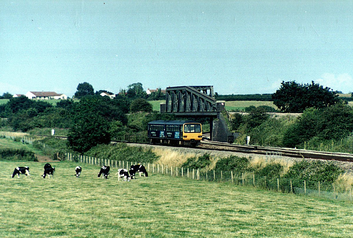 Ranaroth2's tweet image. Unidentified 143 in advertising livery at Cogload Juncion, probably early 90s. #railway #DMU #Class143 #railbus #Alexander #Barclay #Pacer #Cogload