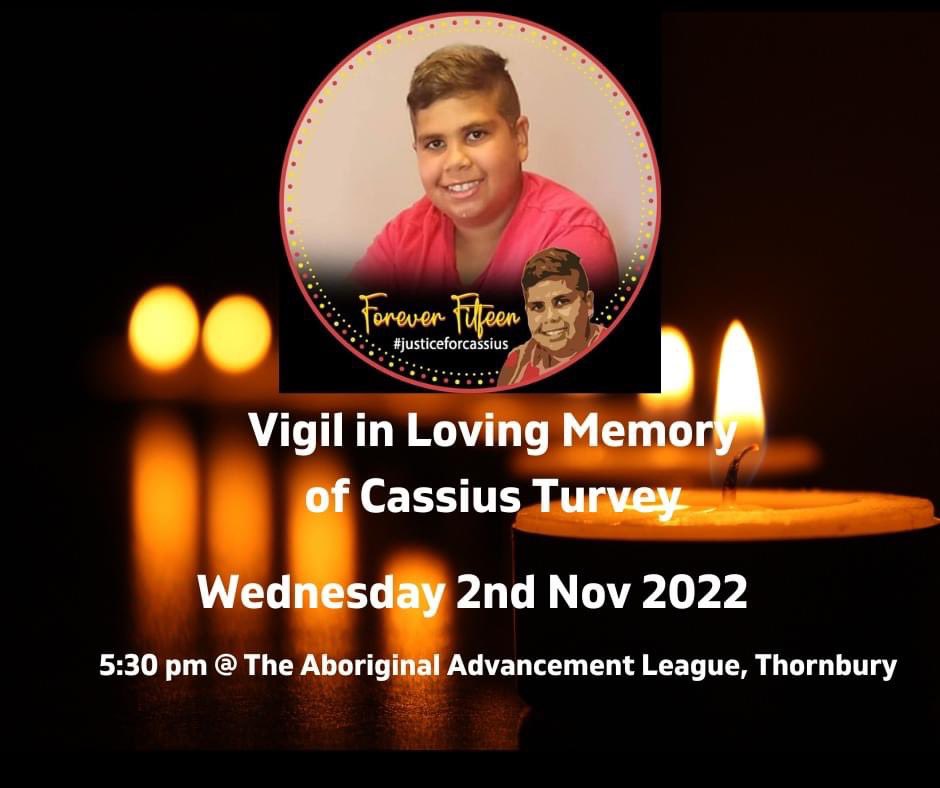 Naarm/Melb vigil details for Cassius. Organised on behalf of the Turvey family. Weds 2 5:30 at the League. Everyone is welcome. 🖤