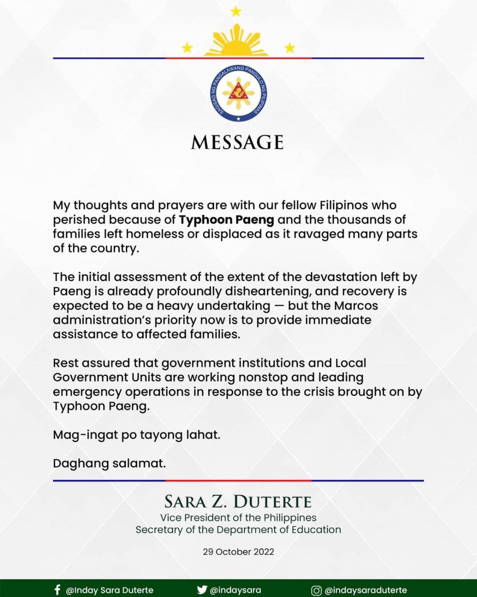 rapplerdotcom's tweet photo. Vice President Sara Duterte offers "thoughts and prayers" to those affected by Severe Tropical Storm Paeng.

"The Marcos administration's priority now is to provide immediate assistance to affected families," Duterte said in a statement.

#PaengPH updates: https://t.co/wMmFxaQzib https://t.co/8OqYQU0vlV