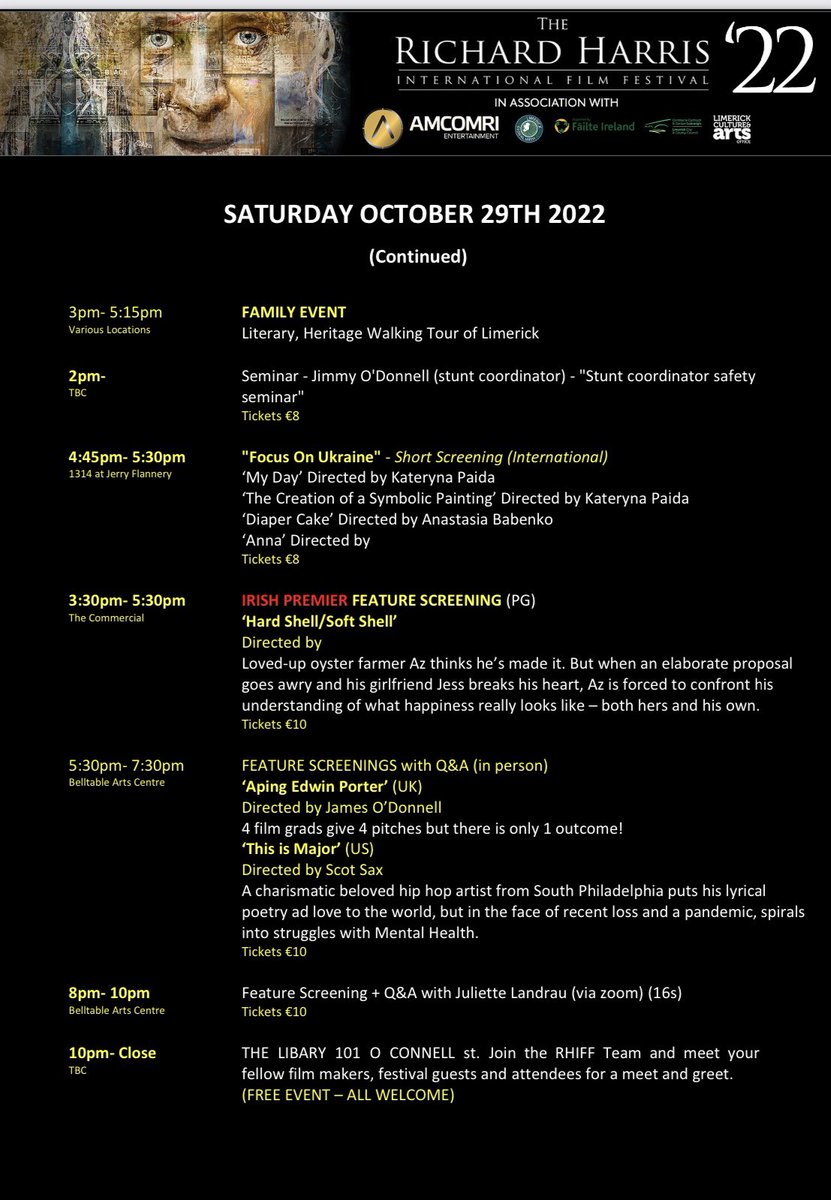 RHarrisFilmFest's tweet photo. Good Morning Film Fans, ready for Saturday??  Here we go… Festival at a glance below and full details on our website https://t.co/3pce39o8VB Perfect screening weather ☔️ see you later ! https://t.co/Sfl2ZEmTzj