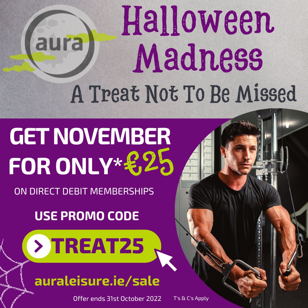 A frighteningly good offer not to be missed! 👻 With the days getting shorter & colder it's a perfect time to join Aura. Use promo code TREAT25 at checkout here - eu1.hubs.ly/H021Sb50 🍬

*T's&C's Apply

#auraleisure #gymireland #poolireland #swimmingireland
