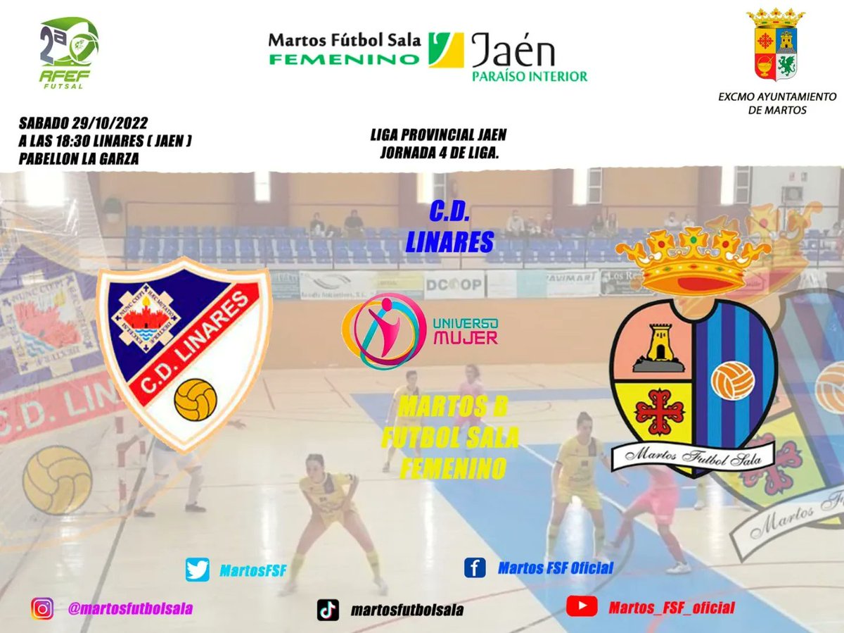MartosFSF's tweet photo. ( CALENDARIO FIN DE SEMANA )
Sábado de futsal.
NACIONAL:
MFS - ATL.T
🗓️ 29/10/2022
🕔 18:00
📍 MALAGA
🏟️ GUADALJAIRE
📺 https://t.co/RcY7YhUPdc CANAL 2
______________________
PROVINCIAL:
LIN.D - MFSB
🗓️29/10/2022
🕔18:30
📍LINARES
🏟️ LA GARZA
#somosfutsalfem
#somosMFS
💛🌩️🍍 https://t.co/XSJ3n9Bjkm