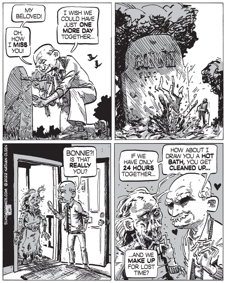 nathanolsenart's tweet photo. If you thought yesterday's comic was sad, I've gone back and re-worked the last two panels to give our two love birds a happy ending. Enjoy. 💕

#cursedcomics https://t.co/DkaKU1NUBn