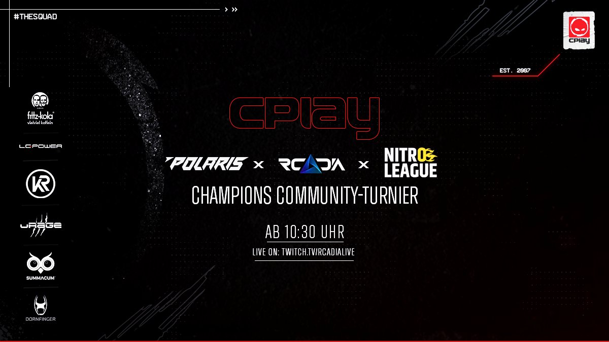 [#RocketLeague] 

Moin Hamburg! Machen heute die <a href="/PolarisCon_/">POLARIS Convention</a> &amp; das <a href="/rcadia_official/">RCADIA</a> <a href="/NitroLeagueRL/">Nitro League Legacy</a> Champions Community-Turnier unsicher 🏎🔥
Die Games gehen um 10:30 los, das ganze Turnier wird auf twitch.tv/rcadialive übertragen✌️

<a href="/VeX_RL18/">VeX-RL</a> <a href="/macloud_RL/">macloud</a> @xvsweazz
#THESQUAD